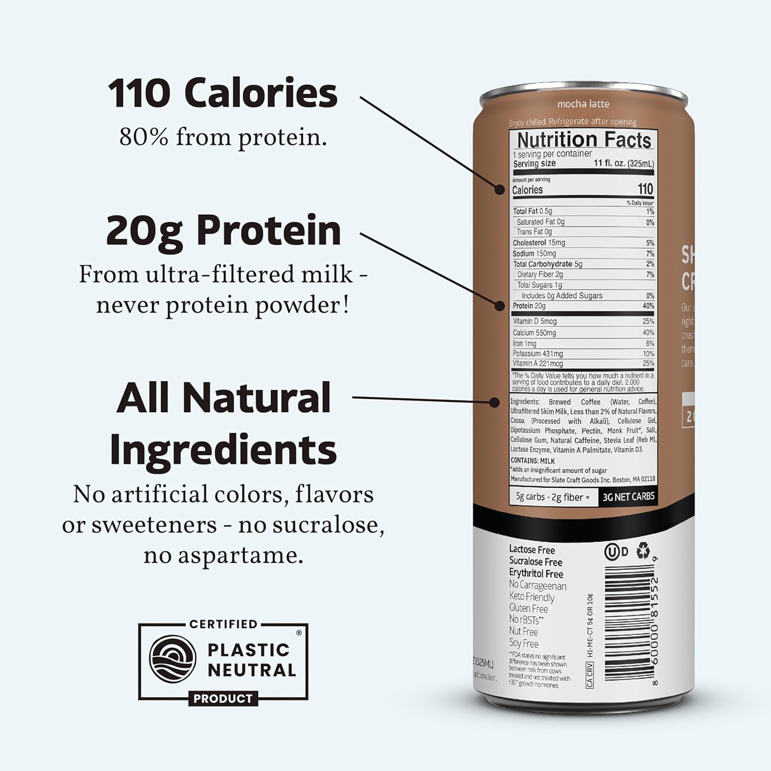 Slate Milk - Mocha Latte, No Sugar Added - Protein Coffee - 11 fl oz, 12 Cans