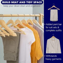 Amber Home 30 Pack Wooden Coat Hangers, Natural Wood Suit Hangers with Non Slip Pant Bar (Natural, 30)