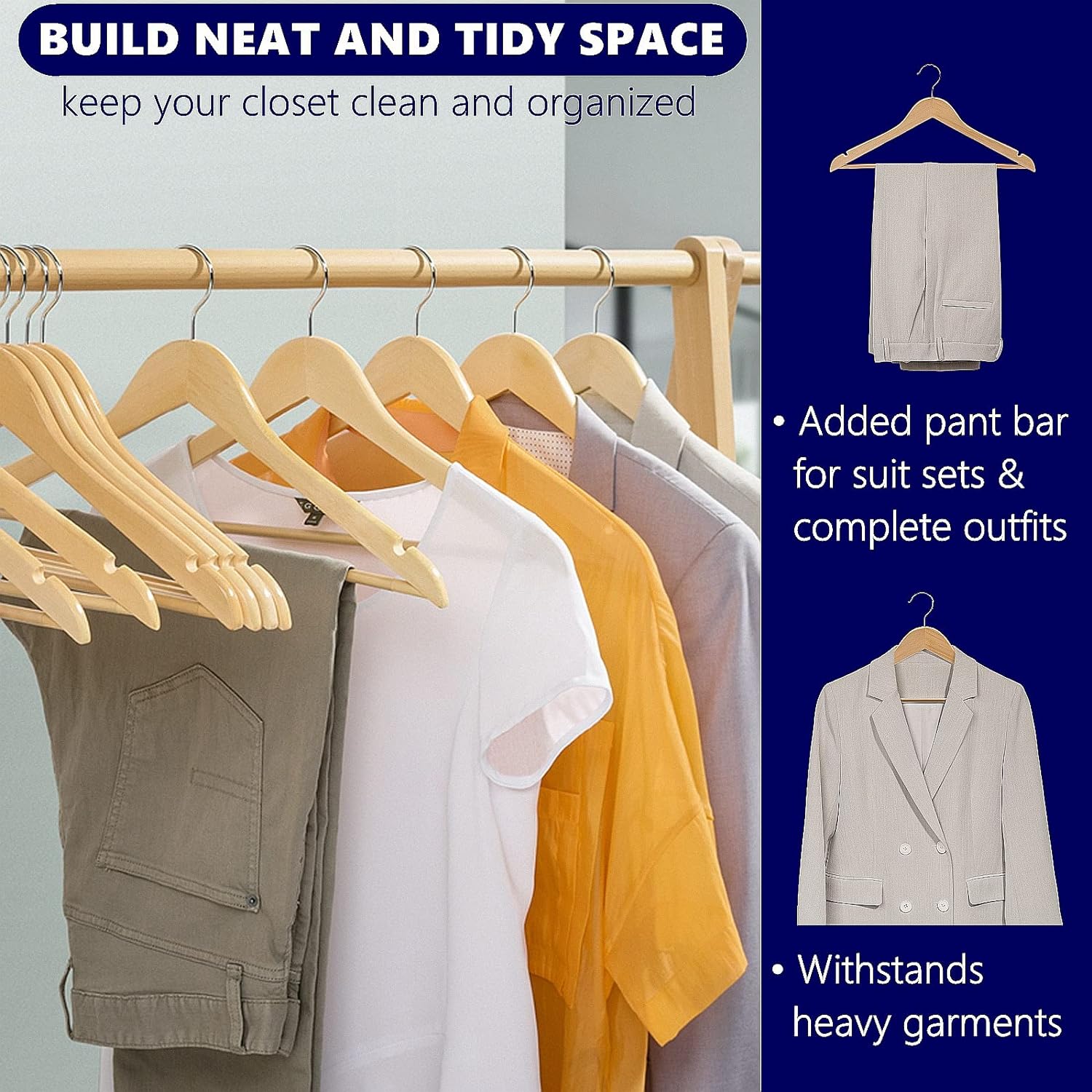 Amber Home 30 Pack Wooden Coat Hangers, Natural Wood Suit Hangers with Non Slip Pant Bar (Natural, 30)