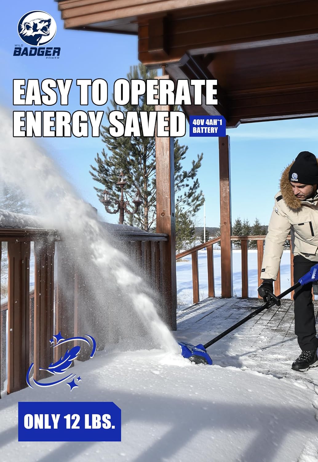 Wild Badger Power Electric Snow Shovel 40V 15" Cordless Brushless with 4.0Ah Battery and Charger for Wet Snow and Heavy Snow
