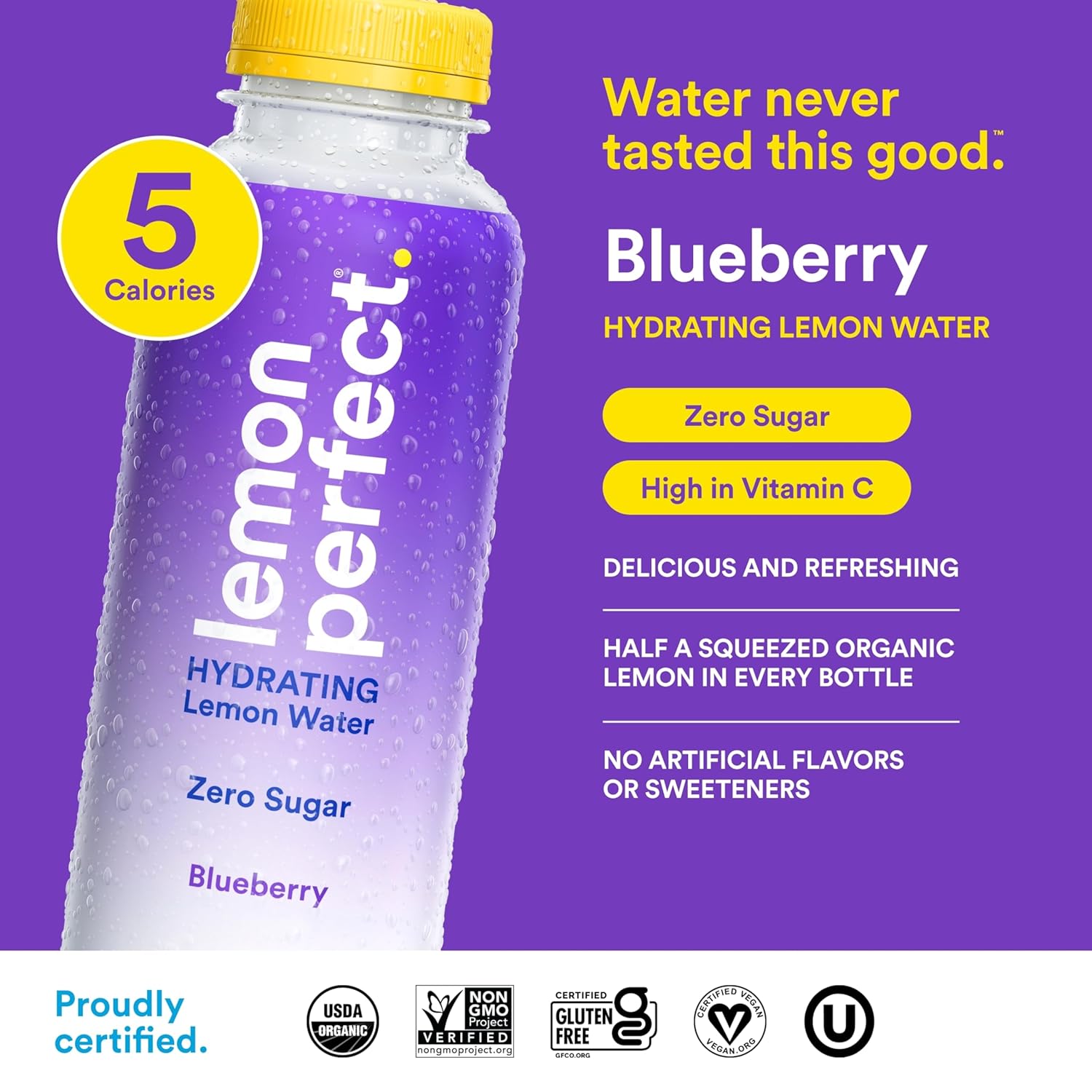 Lemon Perfect Blueberry, Hydrating Flavored Lemon Water, Zero Sugar, Delicious and Refreshing, Organic, 15.2 fl oz Bottles (12-Pack)