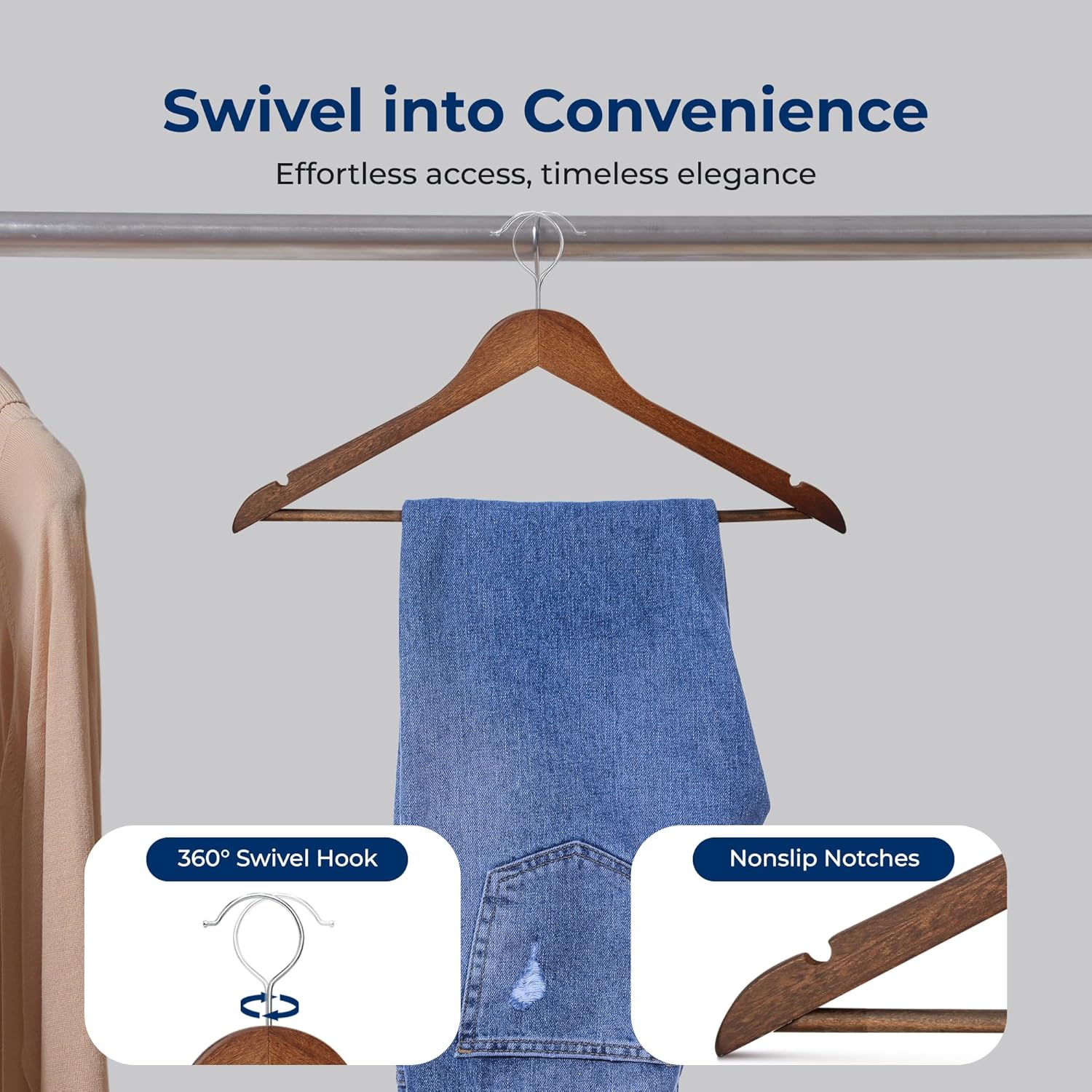 SereneLife 50-Pack Wooden Coat Hangers – Durable Suit Hangers with 360° Swivel Hook & Notches (Vintage)