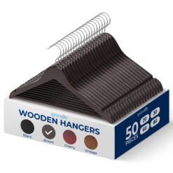 SereneLife 50-Pack Wooden Coat Hangers – Durable Suit Hangers with 360° Swivel Hook & Notches (Brown)