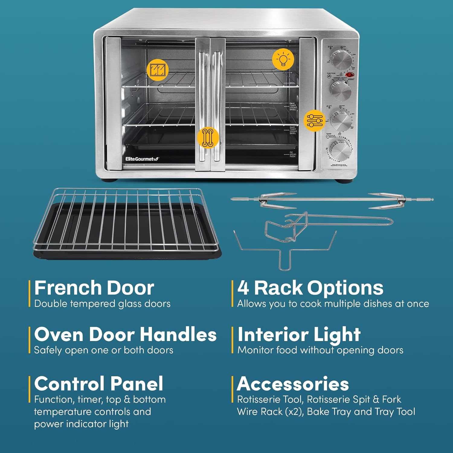 Elite Gourmet ETO-4510M French Door 47.5Qt, 18-Slice Convection Oven 4-Control Knobs, Stainless Steel