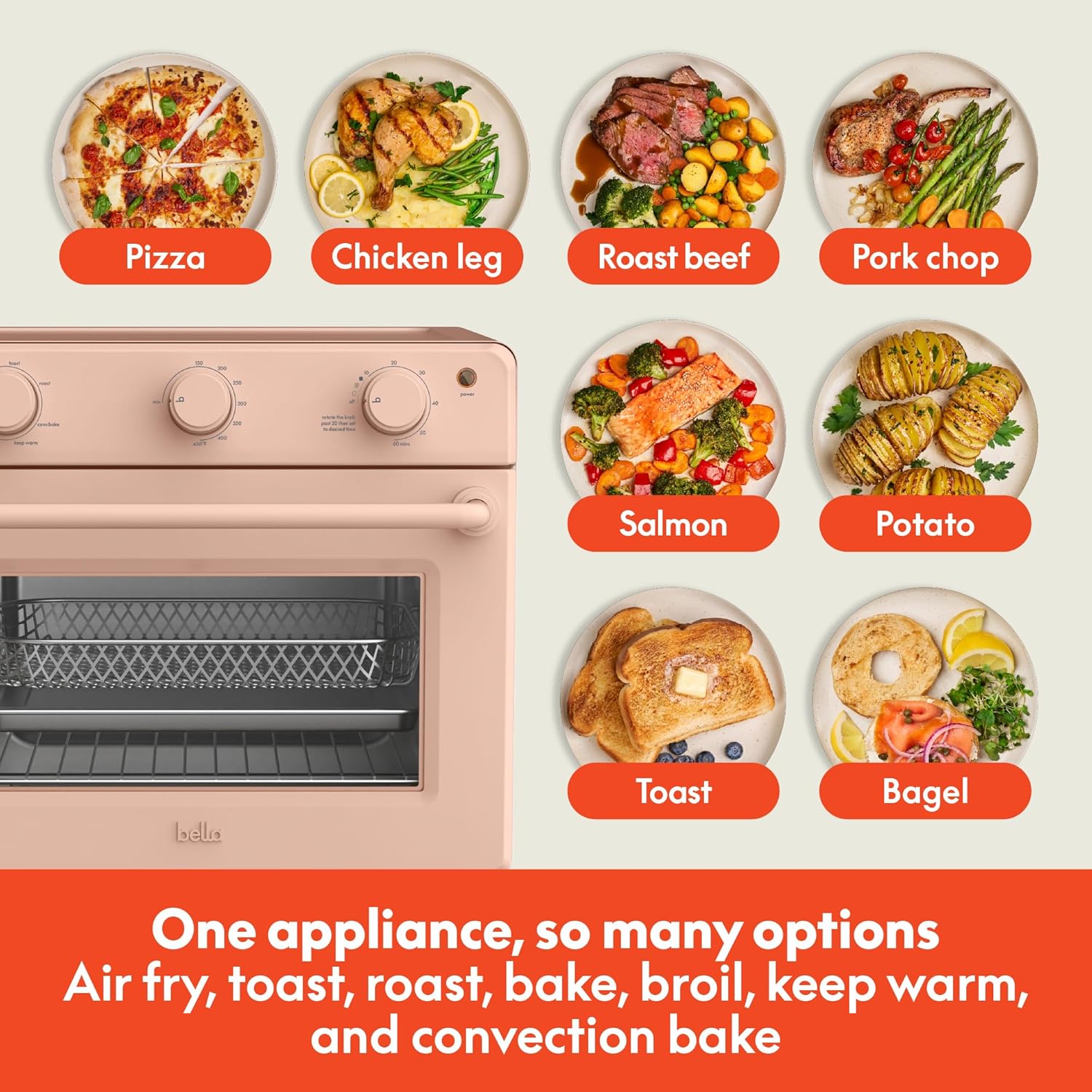 bella Air Fry Toaster Oven, 7 Preset Cooking Options, Dishwasher-Safe EverGood Coated Trays Included, 1700 Watt, Blossom
