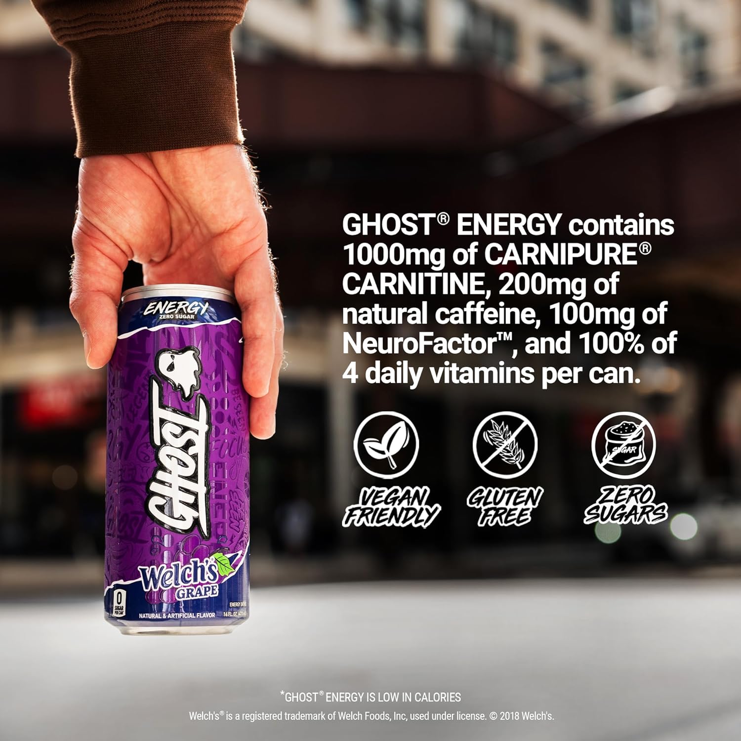 GHOST Energy Drink - 12-Pack, Welch's Grape, 16oz Cans - Energy & Focus & No Artificial Colors