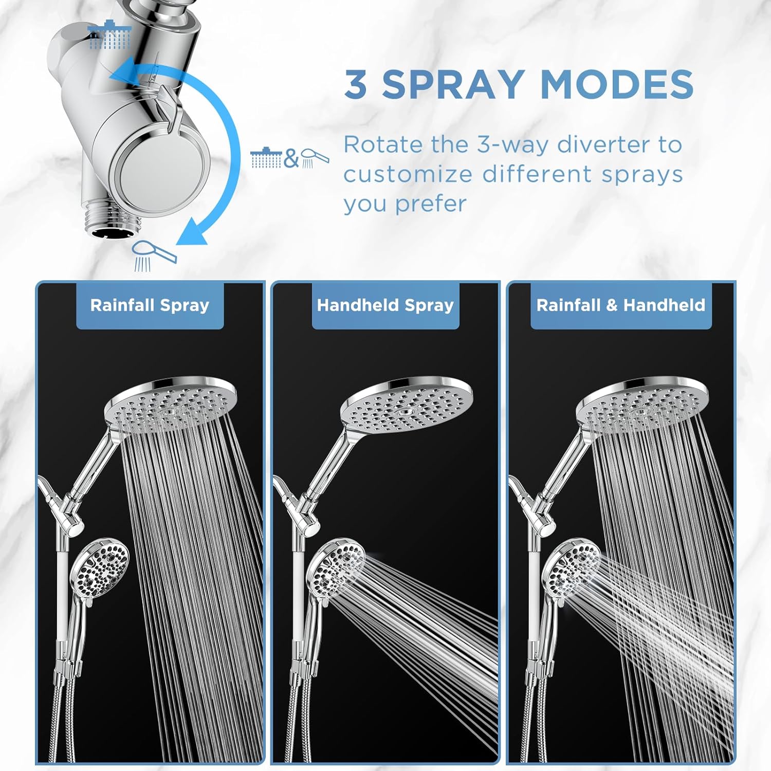 Dual Handheld Shower Head Combo, 2-in-1 Rain Shower Heads System 8 Inch Rainfall Shower Head, Chrome