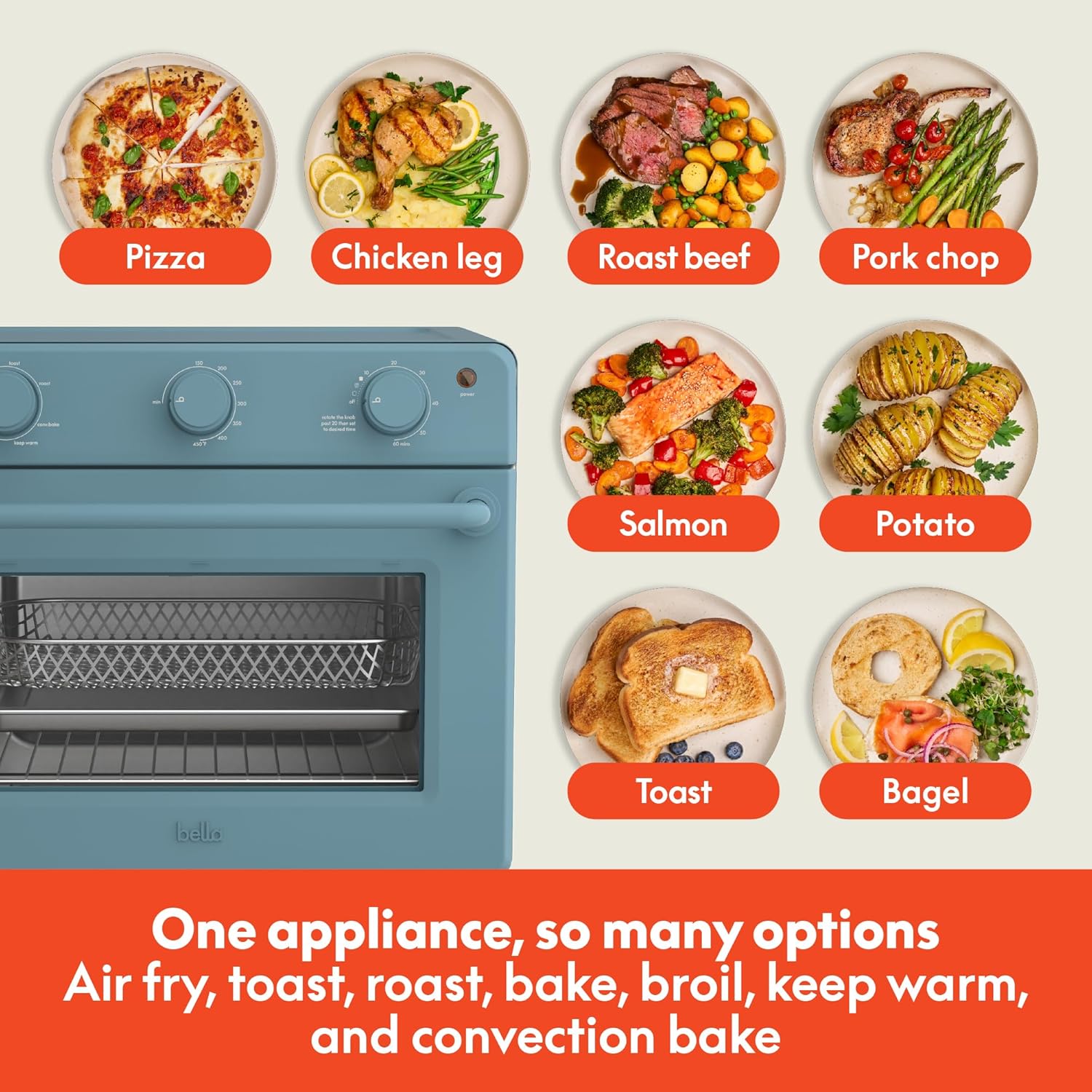 bella Air Fry Toaster Oven, 7 Preset Cooking Options, Dishwasher-Safe EverGood Coated Trays Included, 1700 Watt, Surf