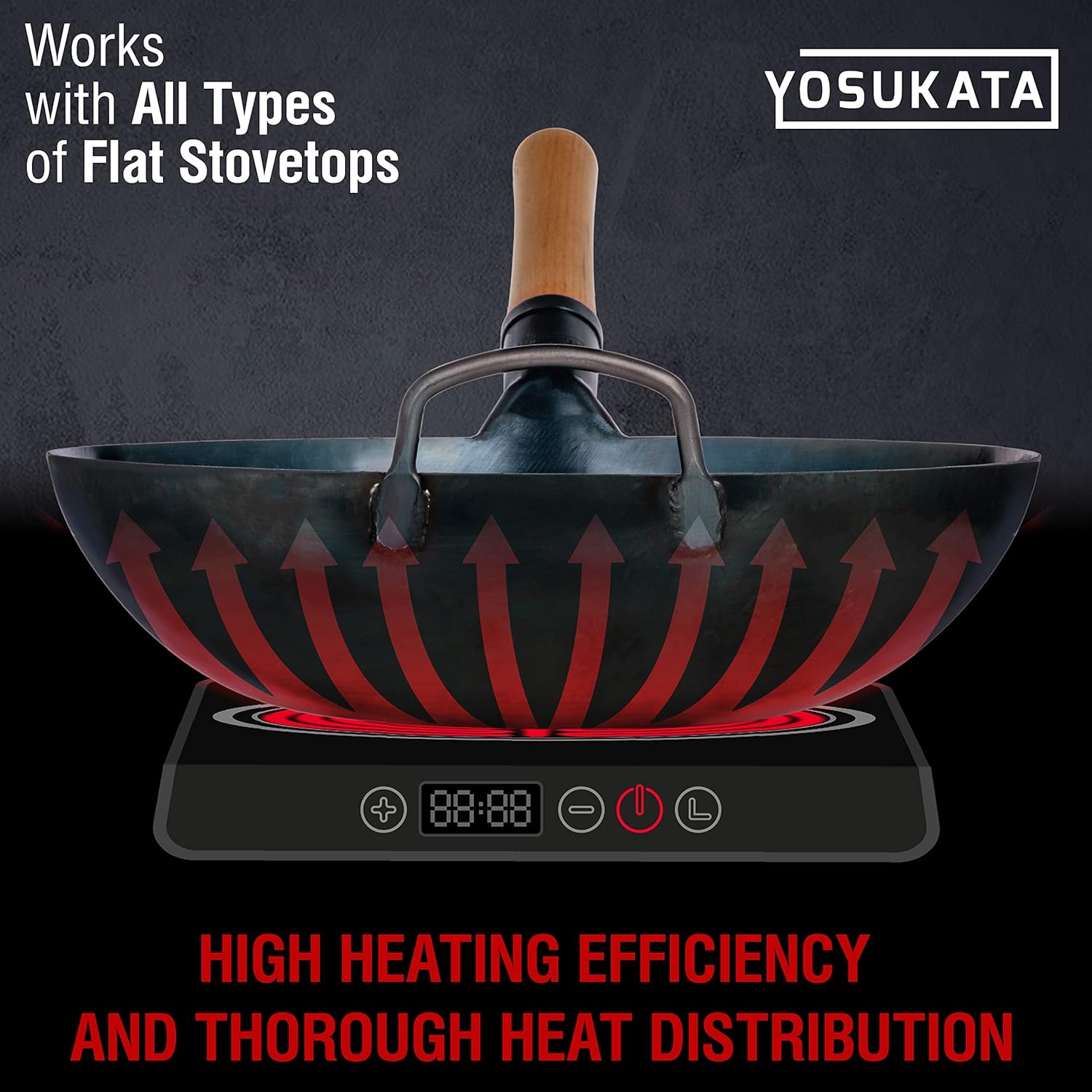 YOSUKATA Flat Bottom Woks & Stir Fry Pans- 13.5" Blue Carbon Steel Wok - Wok for Electric Induction Cooktops