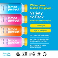 Lemon Perfect 4-Flavor Variety Pack, Hydrating Flavored Lemon Water, Zero Sugar, Refreshing, Organic, 15.2 fl oz Bottles (12-Pack)