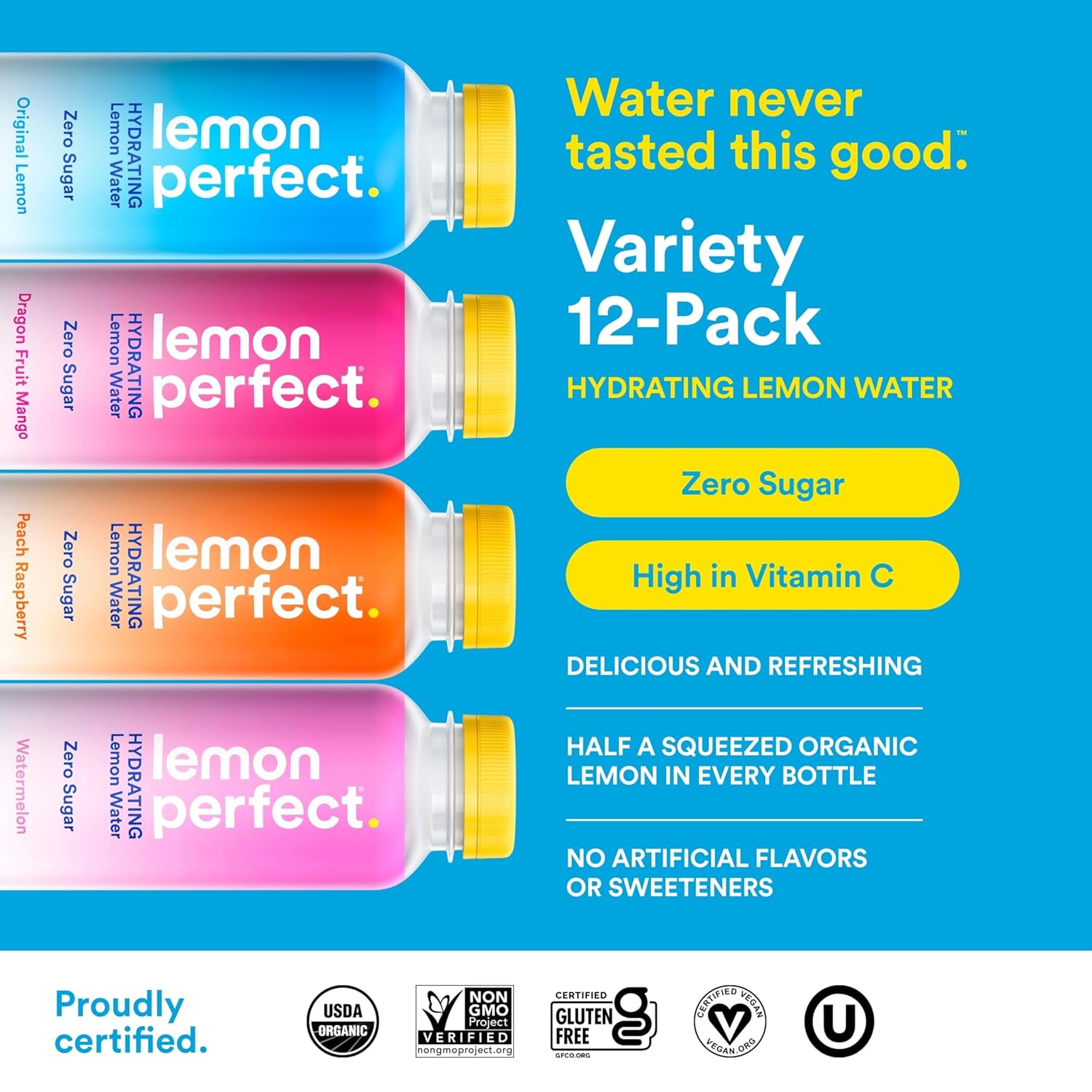Lemon Perfect 4-Flavor Variety Pack, Hydrating Flavored Lemon Water, Zero Sugar, Refreshing, Organic, 15.2 fl oz Bottles (12-Pack)