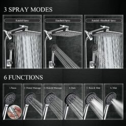 Veken High Pressure Rain Shower Head Combo with Extension Arm- Wide Showerhead with 6 Handheld Water Spray - Silver Chrome