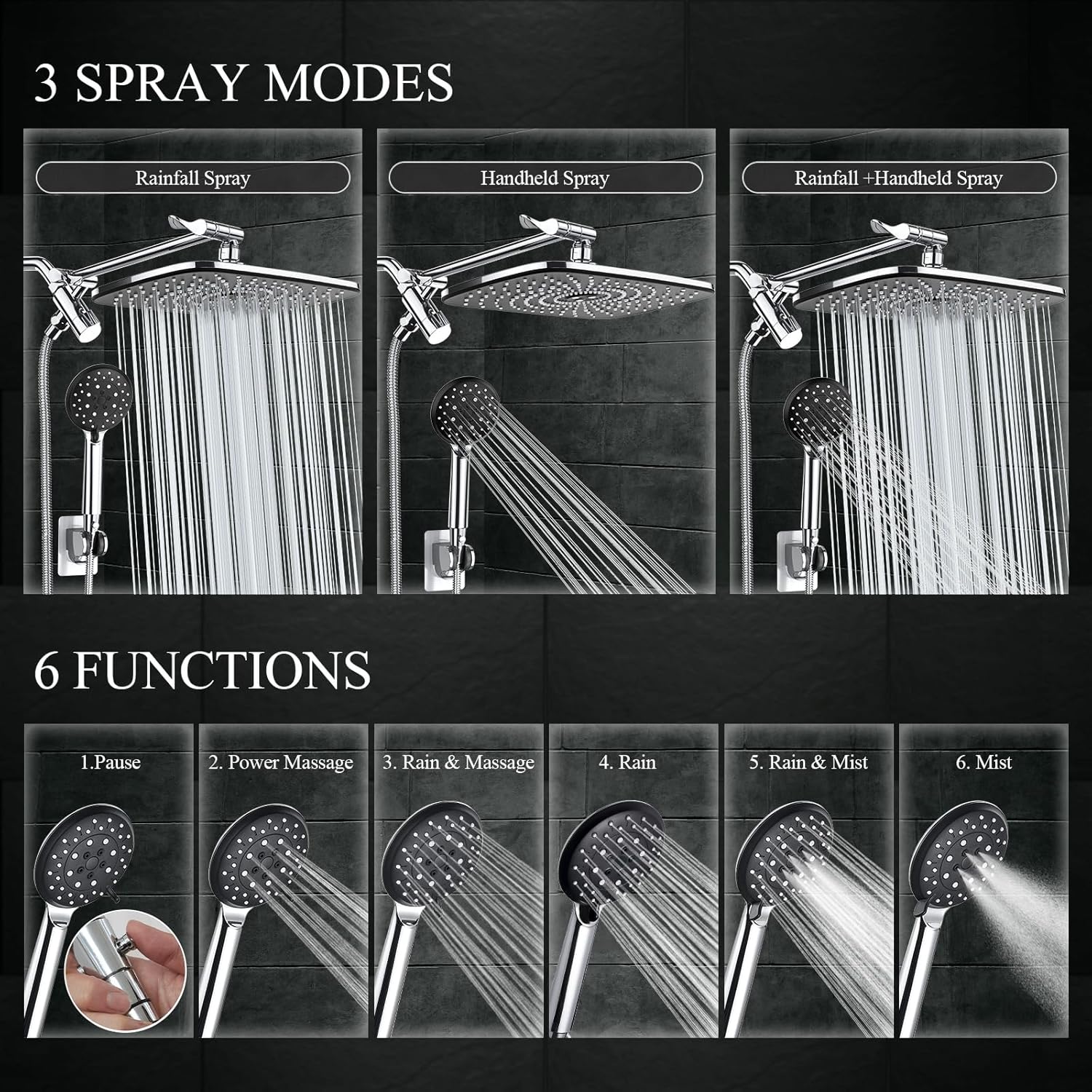 Veken High Pressure Rain Shower Head Combo with Extension Arm- Wide Showerhead with 6 Handheld Water Spray - Silver Chrome