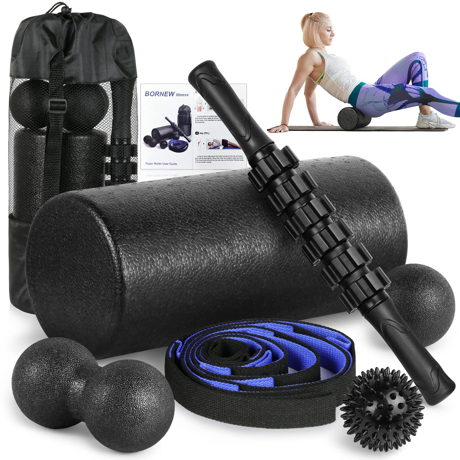 BORNEW Foam Roller Set - High Density Back Roller, Muscle Roller Stick, 2 Foot Fasciitis Ball