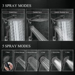 Veken High Pressure Rain Shower Head Combo with Extension Arm- Wide Showerhead with 6 Handheld Water Spray - Matte Black
