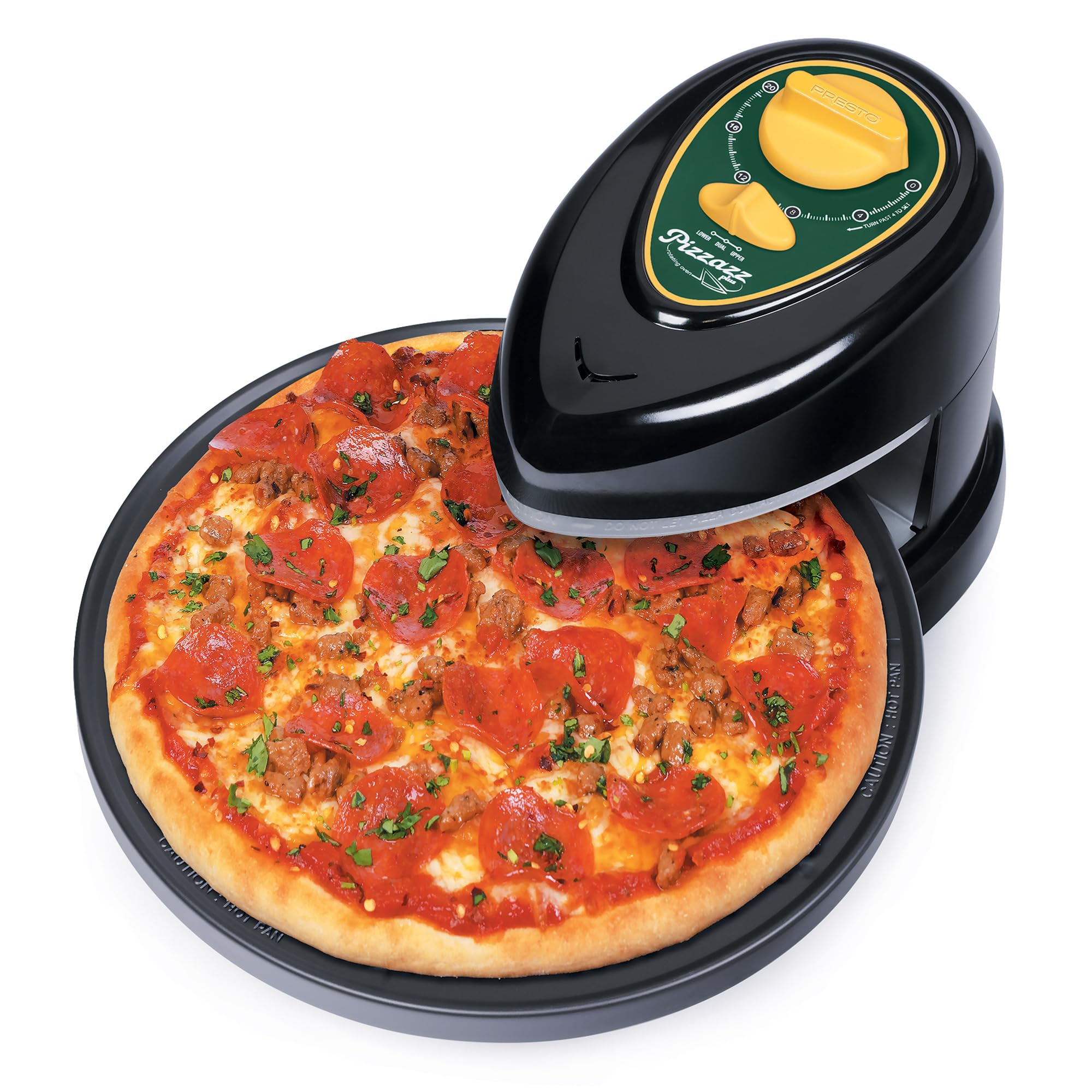 Presto 03434 Pizzaz Plus Rotating Oven - 12-Inch, Countertop Pizza Oven, Nonstick Tray, Easy to Clean, Green/Gold