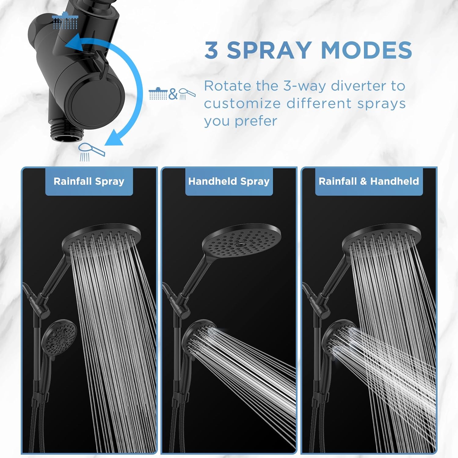 Dual Handheld Shower Head Combo, 2-in-1 Rain Shower Heads System 8 Inch Rainfall Shower Head, Black