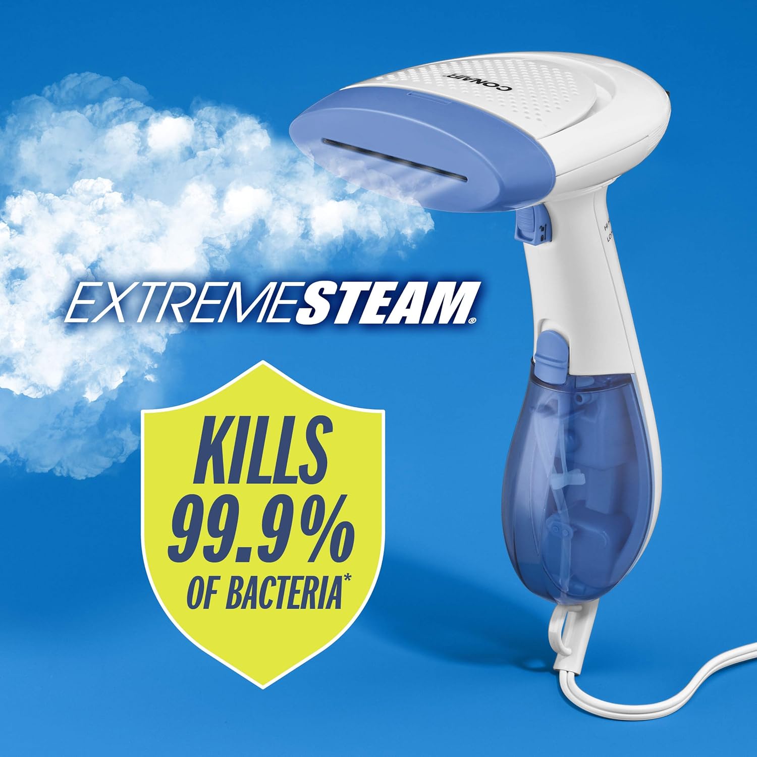 Conair Handheld Garment Steamer for Clothes, ExtremeSteam 1200W, Portable Handheld Design, White/Blue