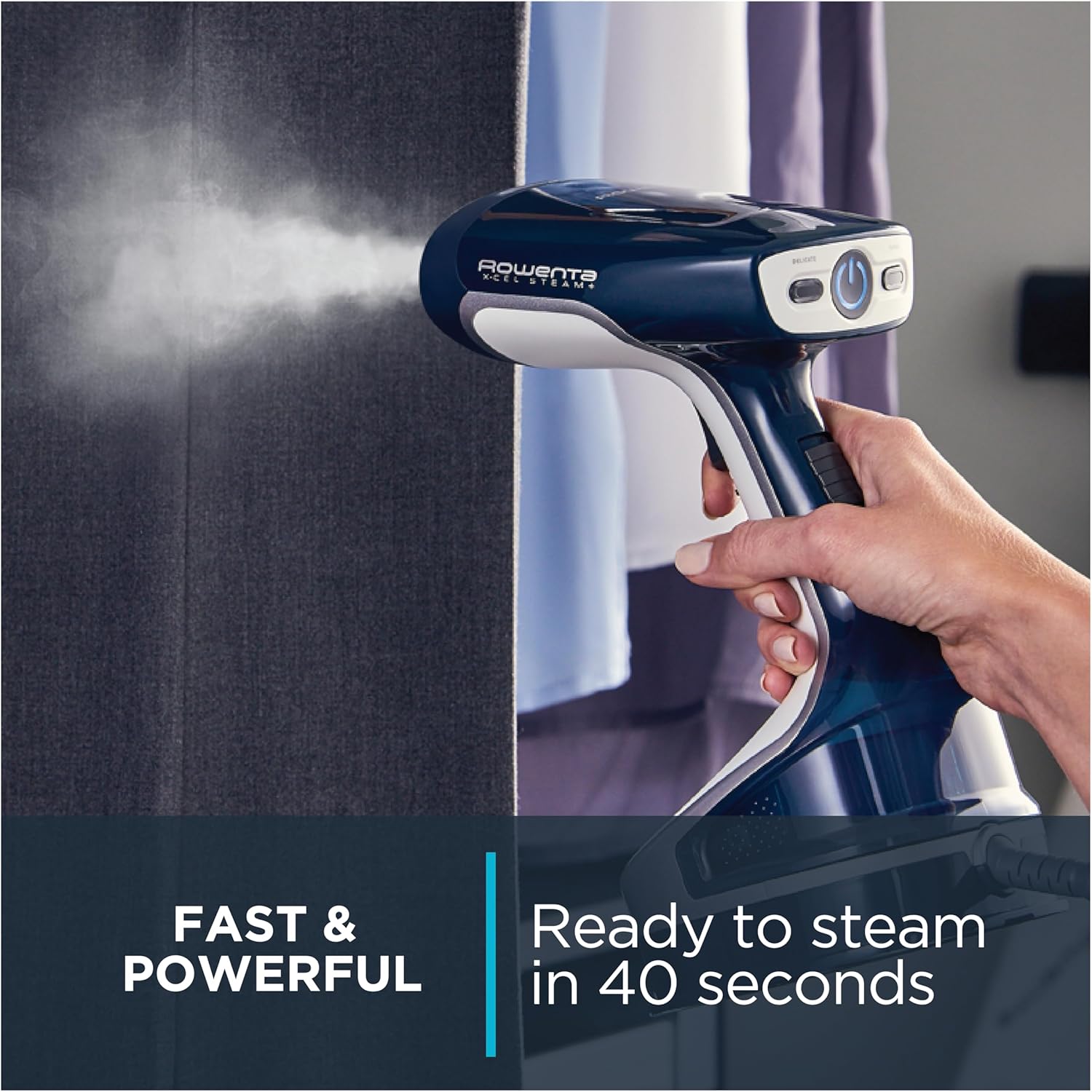 Rowenta Handheld Steamer for Clothes, X-Cel, 1600 Watts, 40-Second Fast Heat-Up, Navy Blue, DR8120