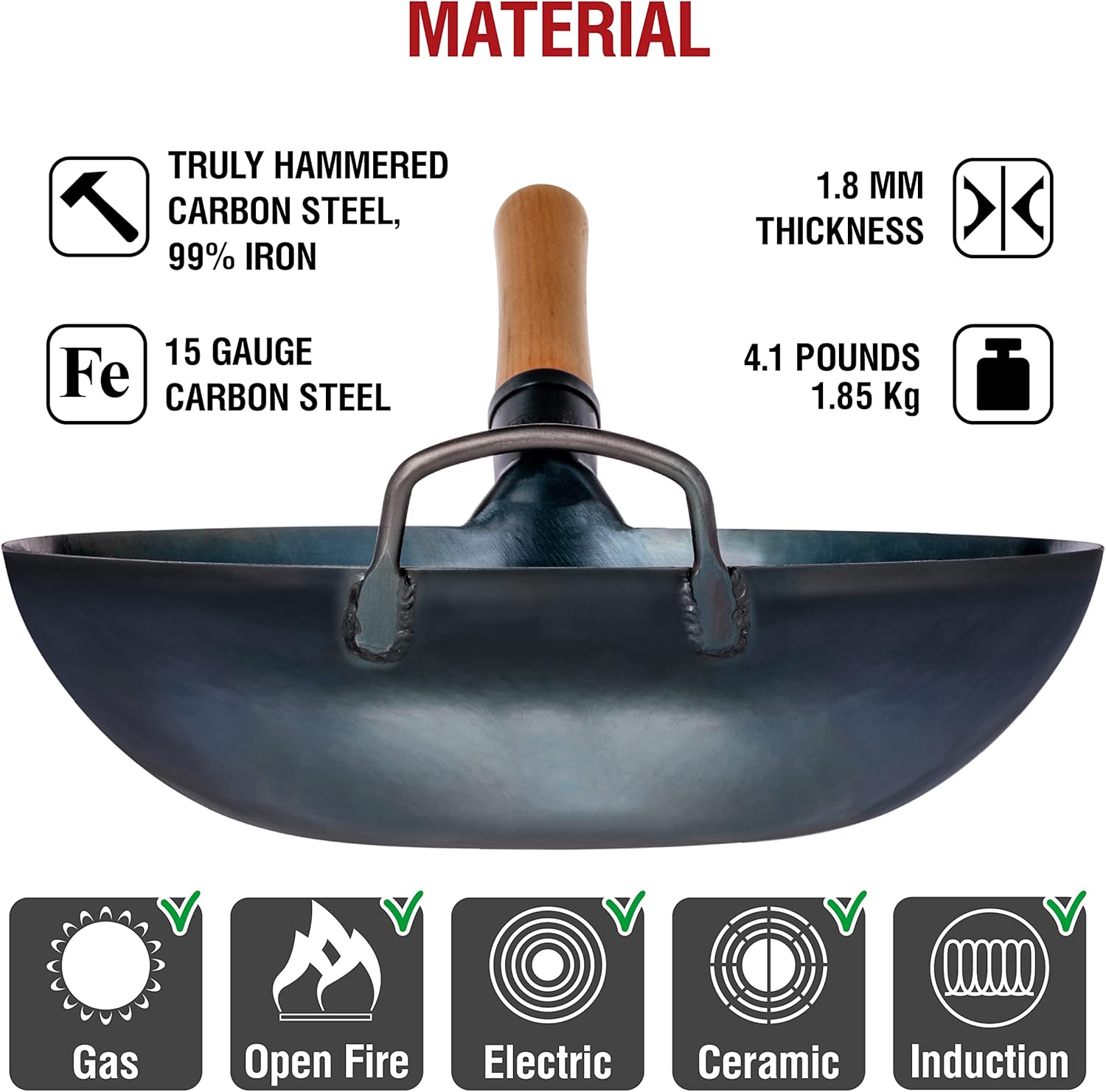 YOSUKATA Flat Bottom Woks & Stir Fry Pans- 13.5" Blue Carbon Steel Wok - Wok for Electric Induction Cooktops