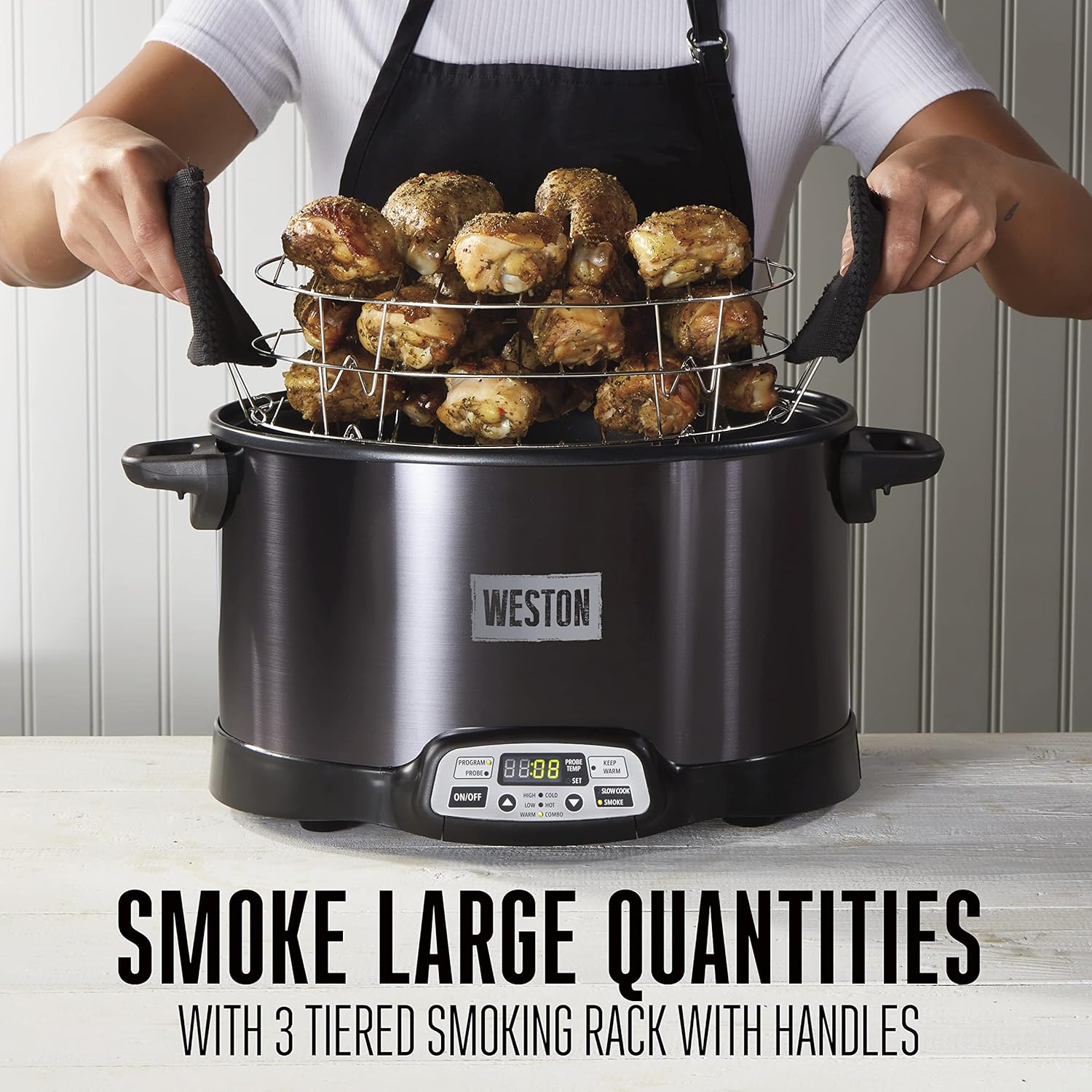 WESTON BRANDS 2-in-1 Indoor Electric Smoker & Programmable Slow Cooker, 6 Quart, With 3-Tier Smoking Rack for Meat, Black