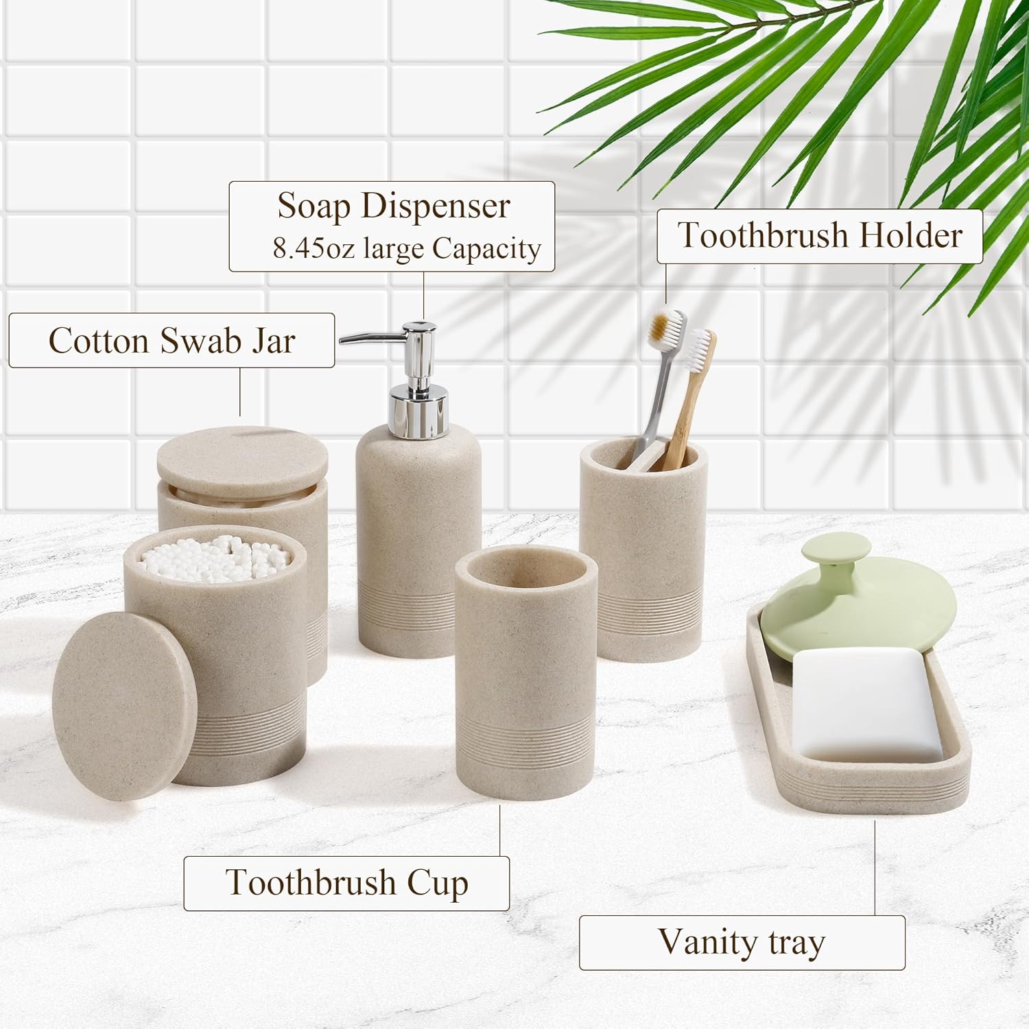YMXYJM Bathroom Accessories Set, 6-Piece Bathroom Accessory Set, Toothbrush Holders Set, Soap Dispenser (Beige)