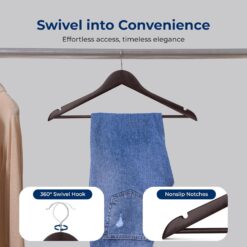 SereneLife 50-Pack Wooden Coat Hangers – Durable Suit Hangers with 360° Swivel Hook & Notches (Brown)