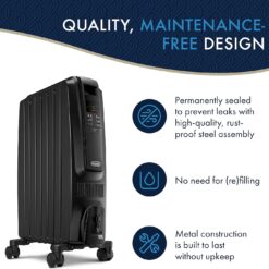 DeLonghi Dragon Digital Oil Filled Radiator Heater, 1500W Electric Space Heater, TRD40615EBK, Black