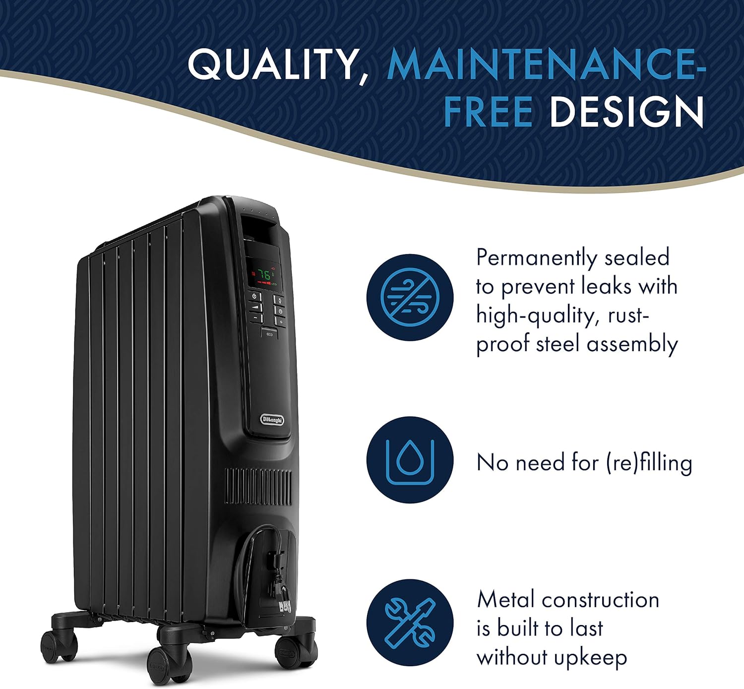DeLonghi Dragon Digital Oil Filled Radiator Heater, 1500W Electric Space Heater, TRD40615EBK, Black