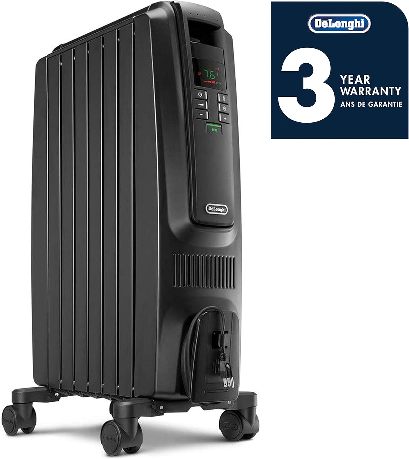 DeLonghi Dragon Digital Oil Filled Radiator Heater, 1500W Electric Space Heater, TRD40615EBK, Black