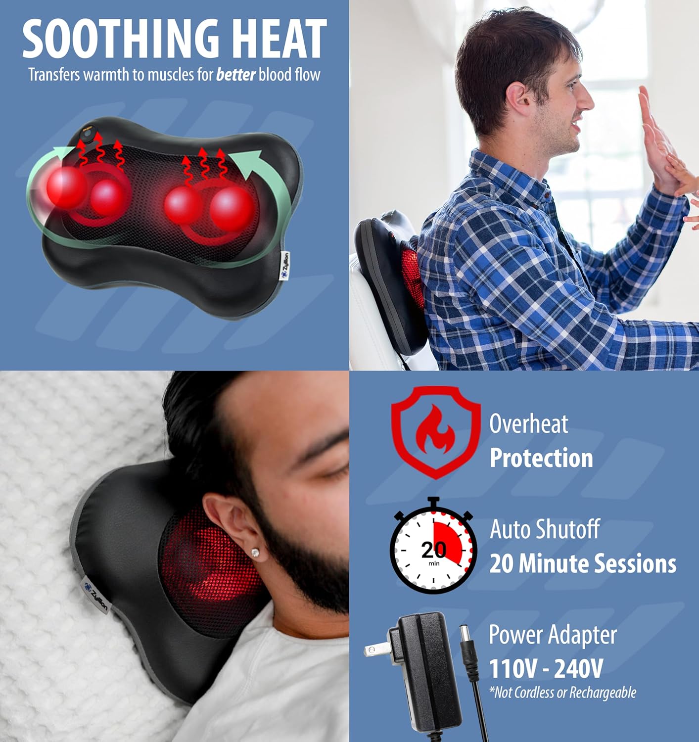Zyllion Shiatsu Back and Neck Massager with Heat - 3D Kneading Deep Tissue Electric Massage Pillow - Black (ZMA-13)