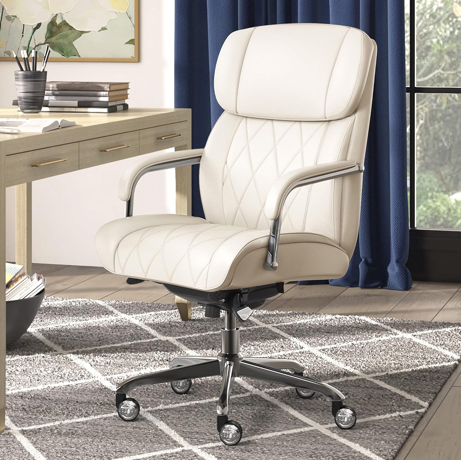 La-Z-Boy Sutherland Quilted Executive Office Chair with Padded Arms, Ivory