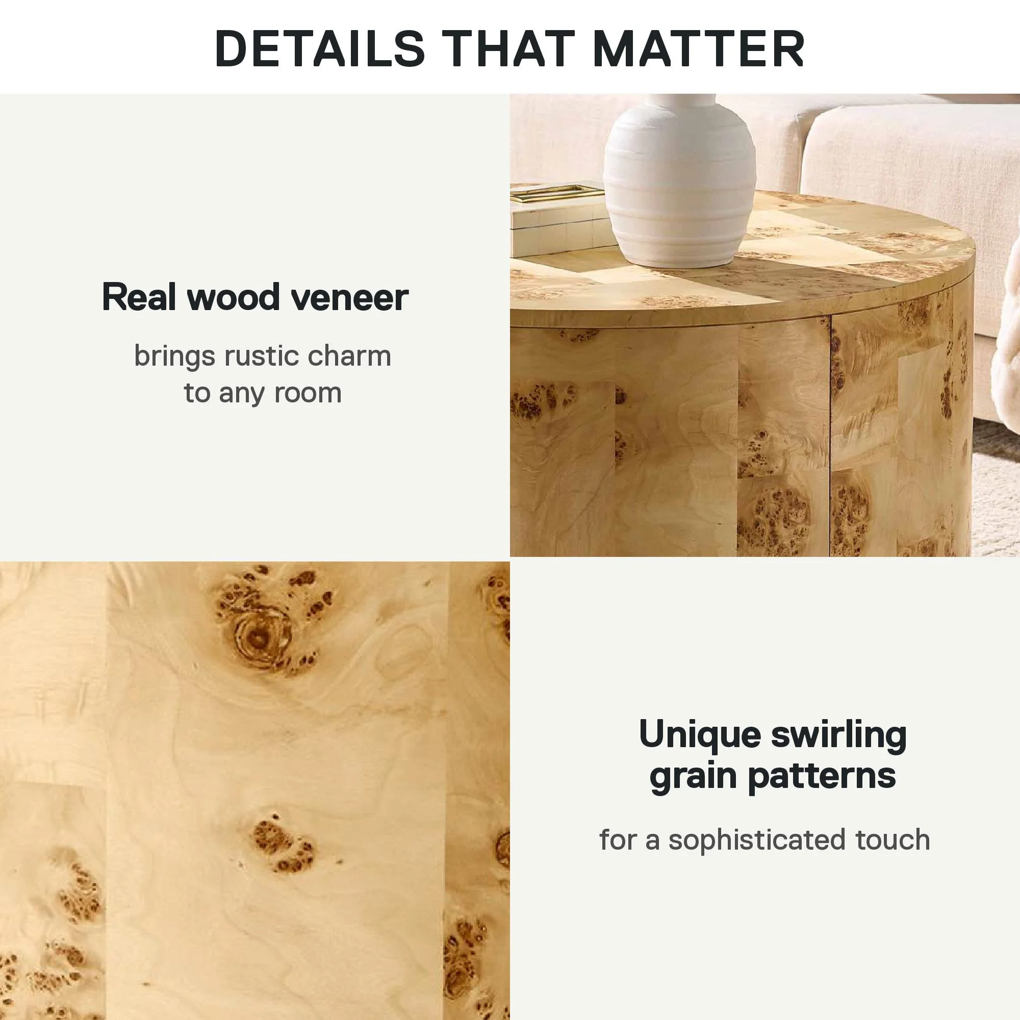 Better Homes & Gardens Burlwood Round Coffee Table, Light Burl Wood Veneer