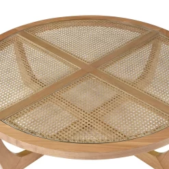 Beautiful by Drew Barrymore Round Rattan & Glass Top Coffee Table with Solid Wood Frame, Warm Honey Finish