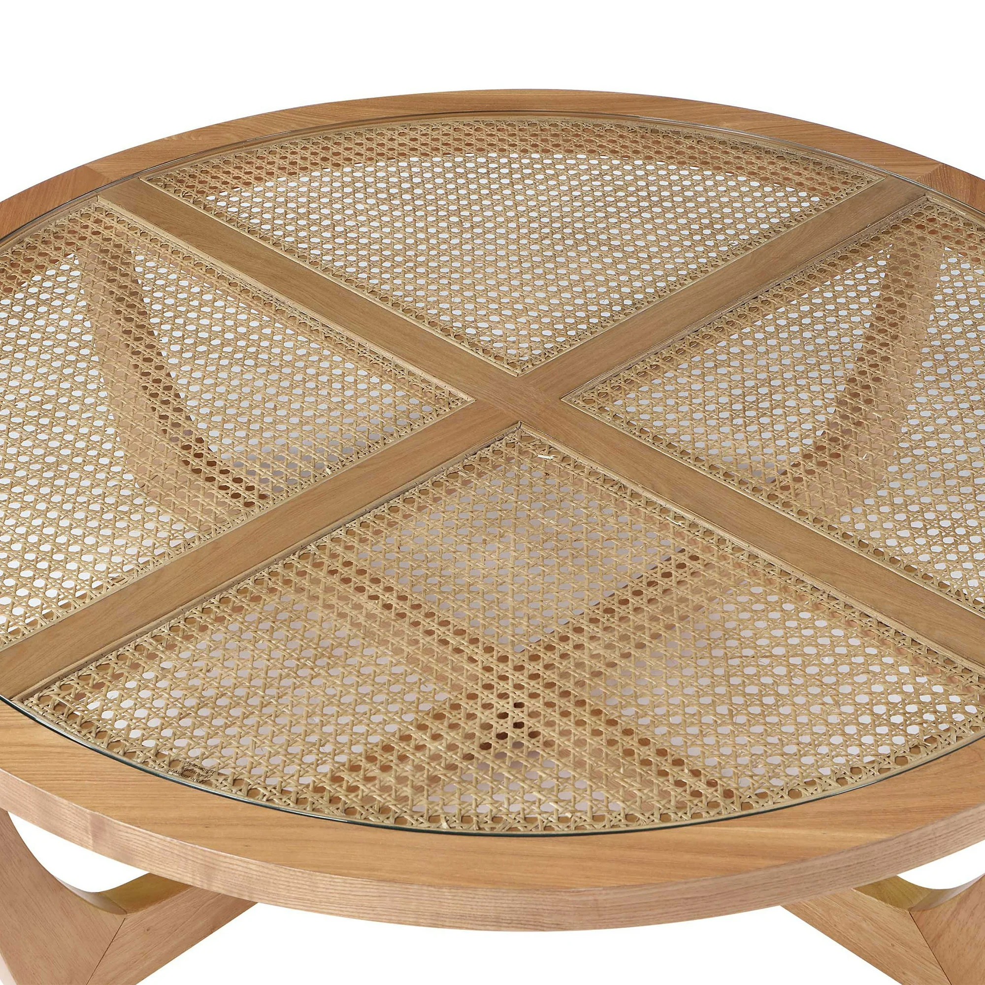 Beautiful by Drew Barrymore Round Rattan & Glass Top Coffee Table with Solid Wood Frame, Warm Honey Finish