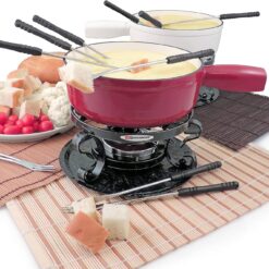 Swissmar KF-66517 Lugano 2-Quart Cast Iron Cheese Fondue Set, 9-Piece, Cherry Red