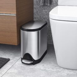 simplehuman 10 Liter / 2.6 Gallon Butterfly Lid Bathroom Step Trash Can, Brushed Stainless Steel with Black Trim