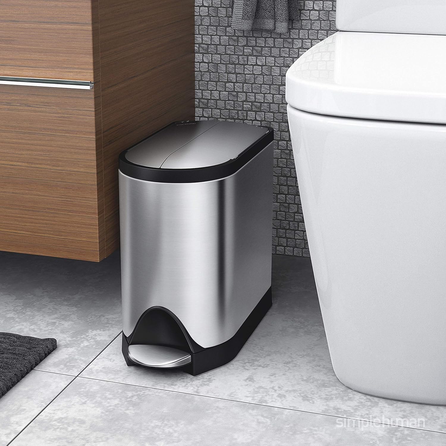 simplehuman 10 Liter / 2.6 Gallon Butterfly Lid Bathroom Step Trash Can, Brushed Stainless Steel with Black Trim
