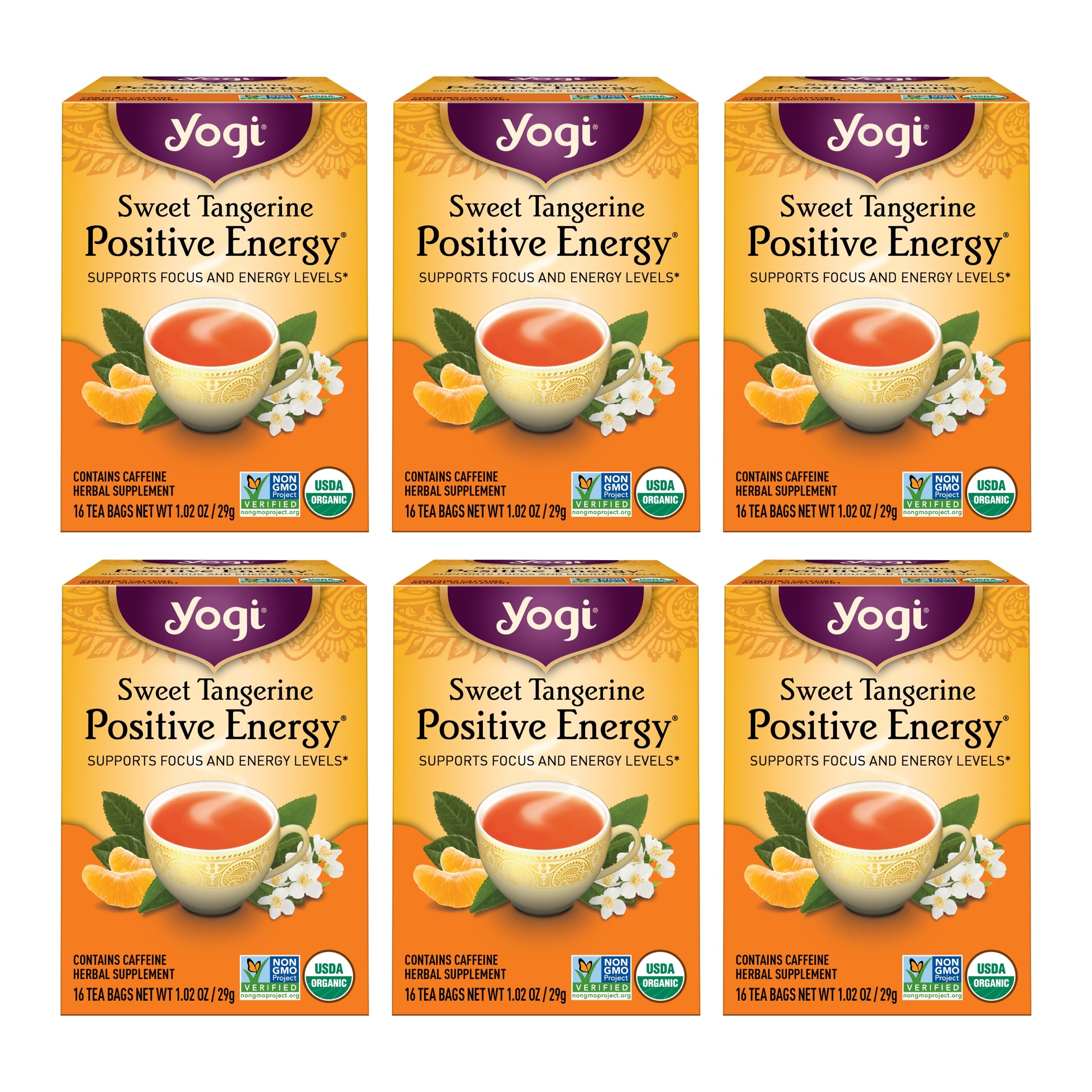 Yogi Sweet Tangerine Positive Energy Tea - 16 Tea Bags per Pack (6 Packs) - Organic Tangerine Energy Tea