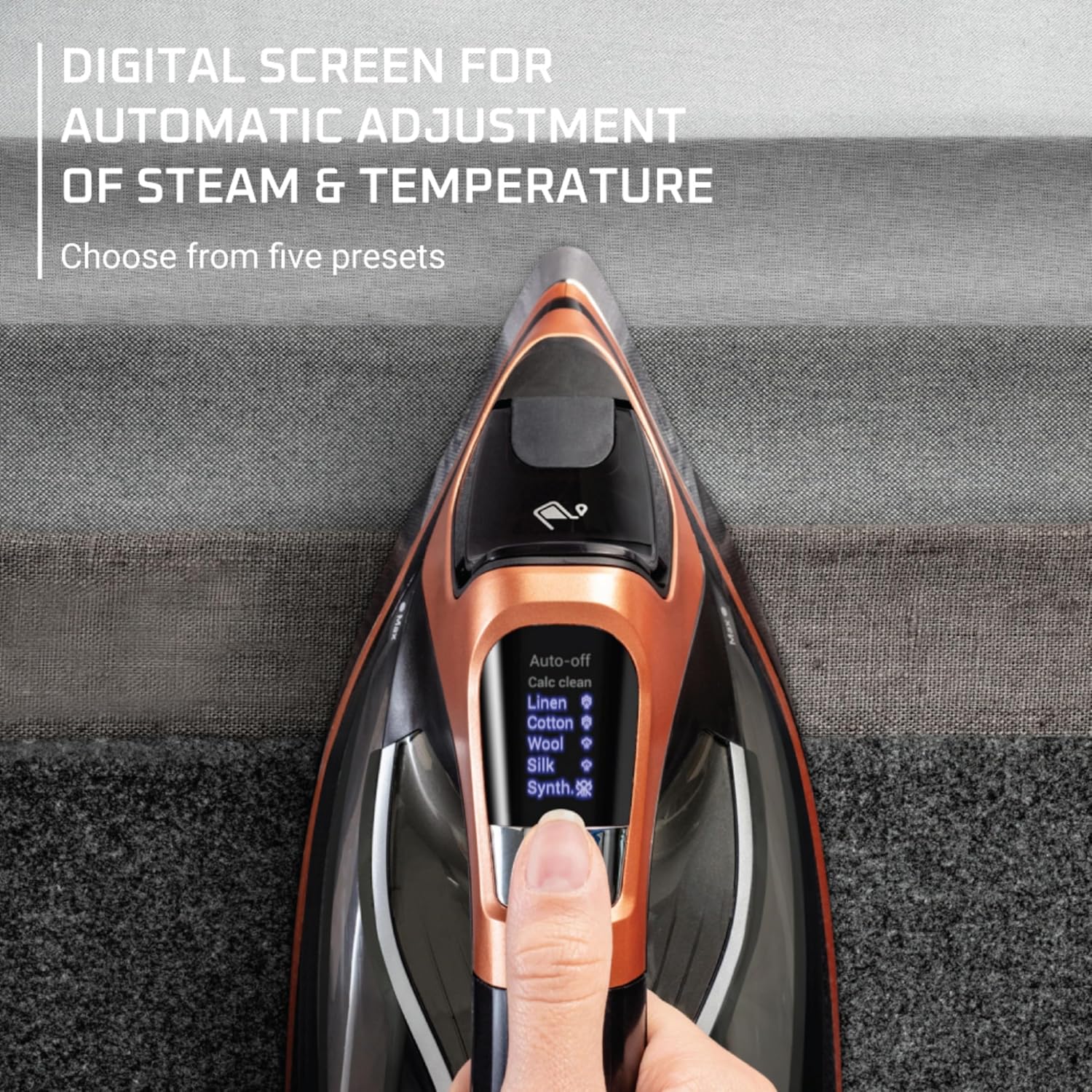 Rowenta Iron Steam Force Pro Steam Iron for Clothes 1850 watts, 5 presets Smart Screen, Stainless Steel Soleplate, Black Copper