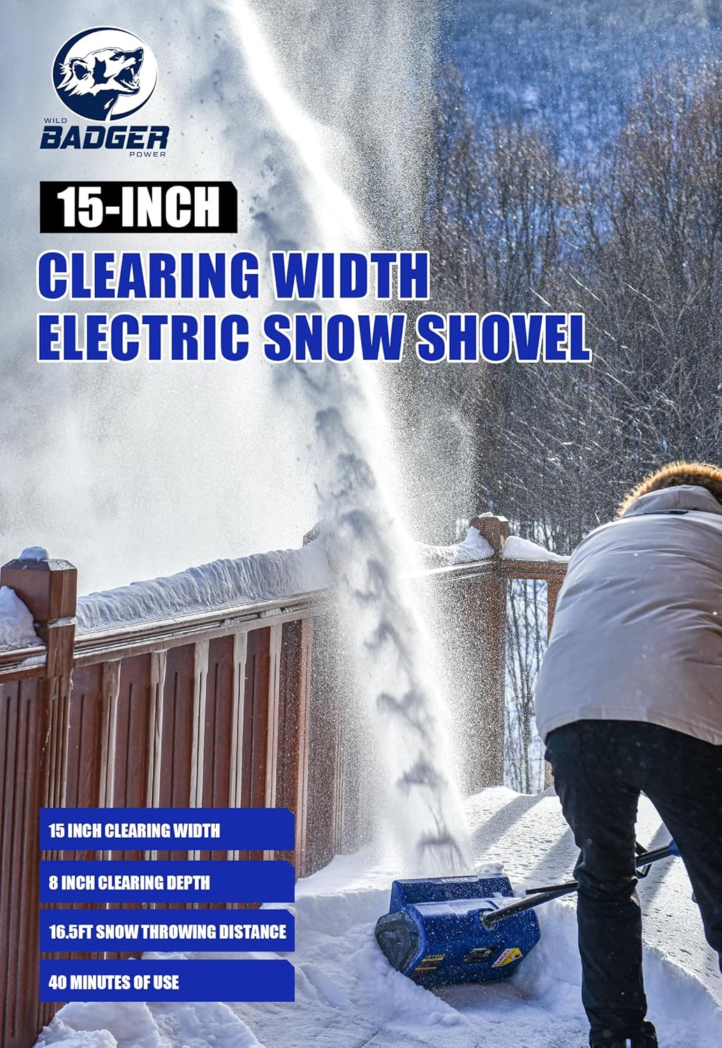 Wild Badger Power Electric Snow Shovel 40V 15" Cordless Brushless with 4.0Ah Battery and Charger for Wet Snow and Heavy Snow