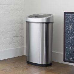 NINESTARS DZT-50-9 Automatic Touchless Infrared Motion Sensor Trash Can, 13 Gal 50L, Stainless Steel Base (Oval, Silver/Black Lid)