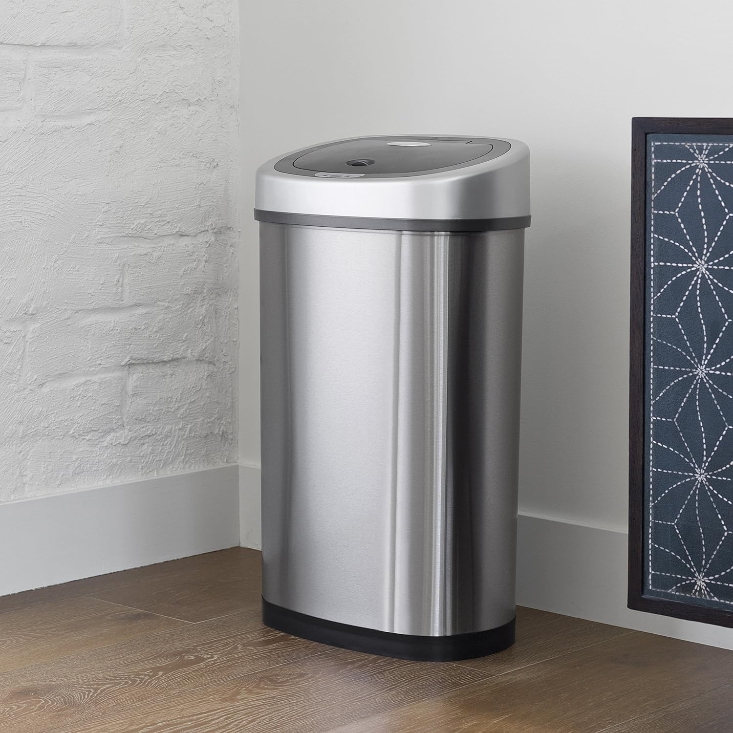 NINESTARS DZT-50-9 Automatic Touchless Infrared Motion Sensor Trash Can, 13 Gal 50L, Stainless Steel Base (Oval, Silver/Black Lid)
