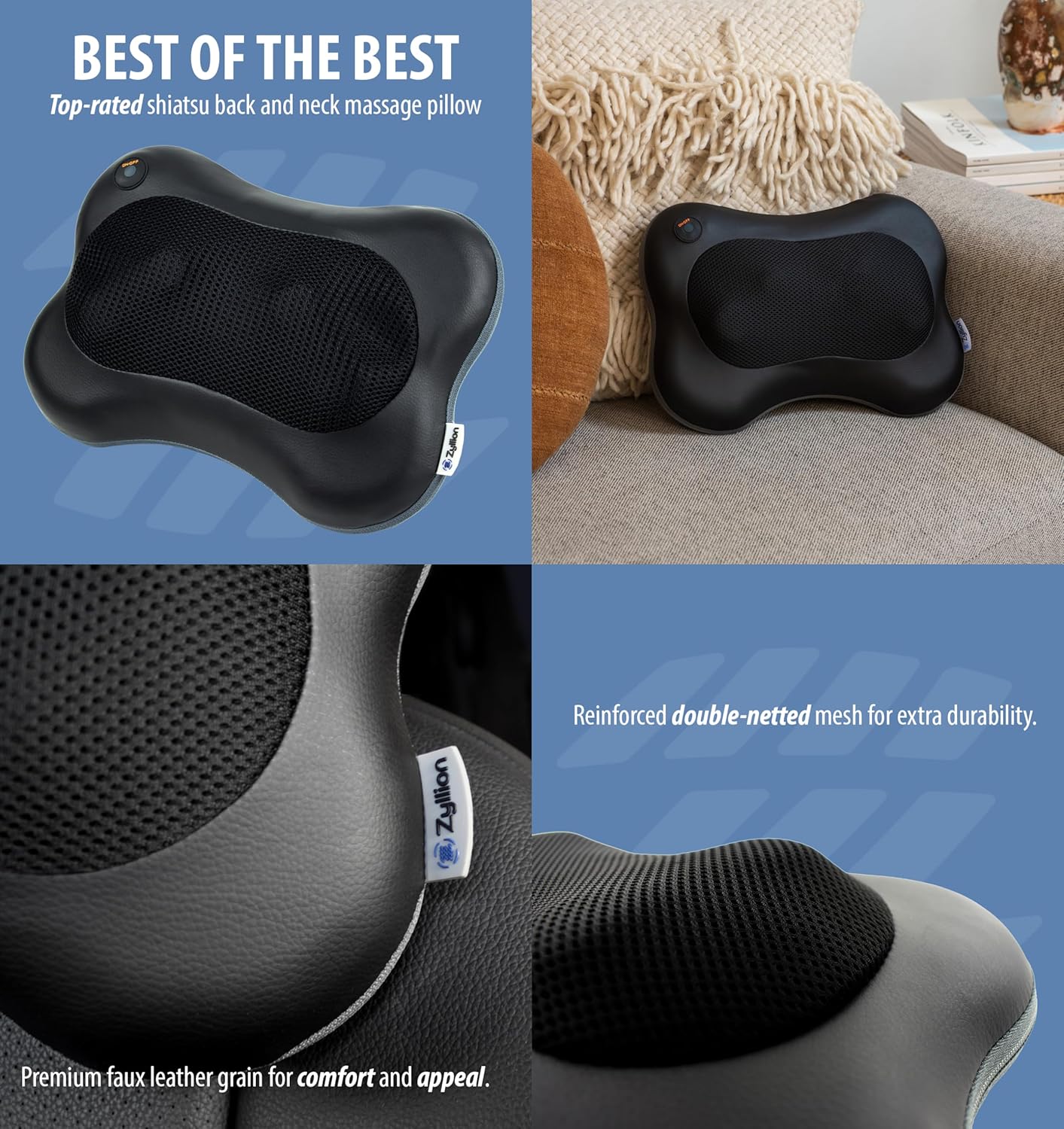 Zyllion Shiatsu Back and Neck Massager with Heat - 3D Kneading Deep Tissue Electric Massage Pillow - Black (ZMA-13)