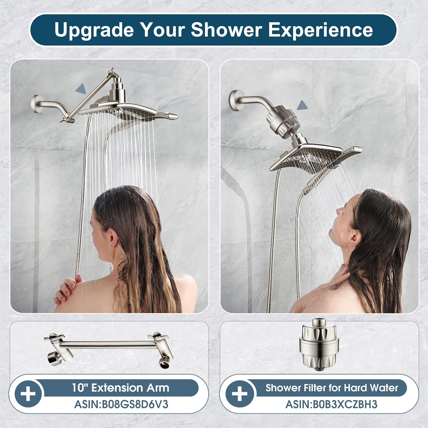 BRIGHT SHOWERS Shower Head Combo with Two Spray Setting, Fixed Shower Head and Handheld with Grey Face, Brushed Nickel