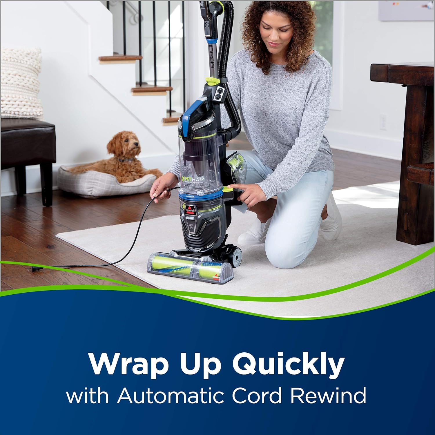 BISSELL Pet Hair Eraser Turbo Rewind Vacuum, Lightweight, Automatic Cord Rewind, Tangle-Free Brush Roll, Blue, 27909