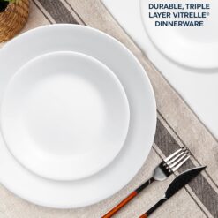 Corelle Vitrelle 18-Piece Service for 6 Dinnerware Set, Triple Layer Glass and Chip Resistant, Lightweight Round Plates and Bowls Set, Winter Frost White