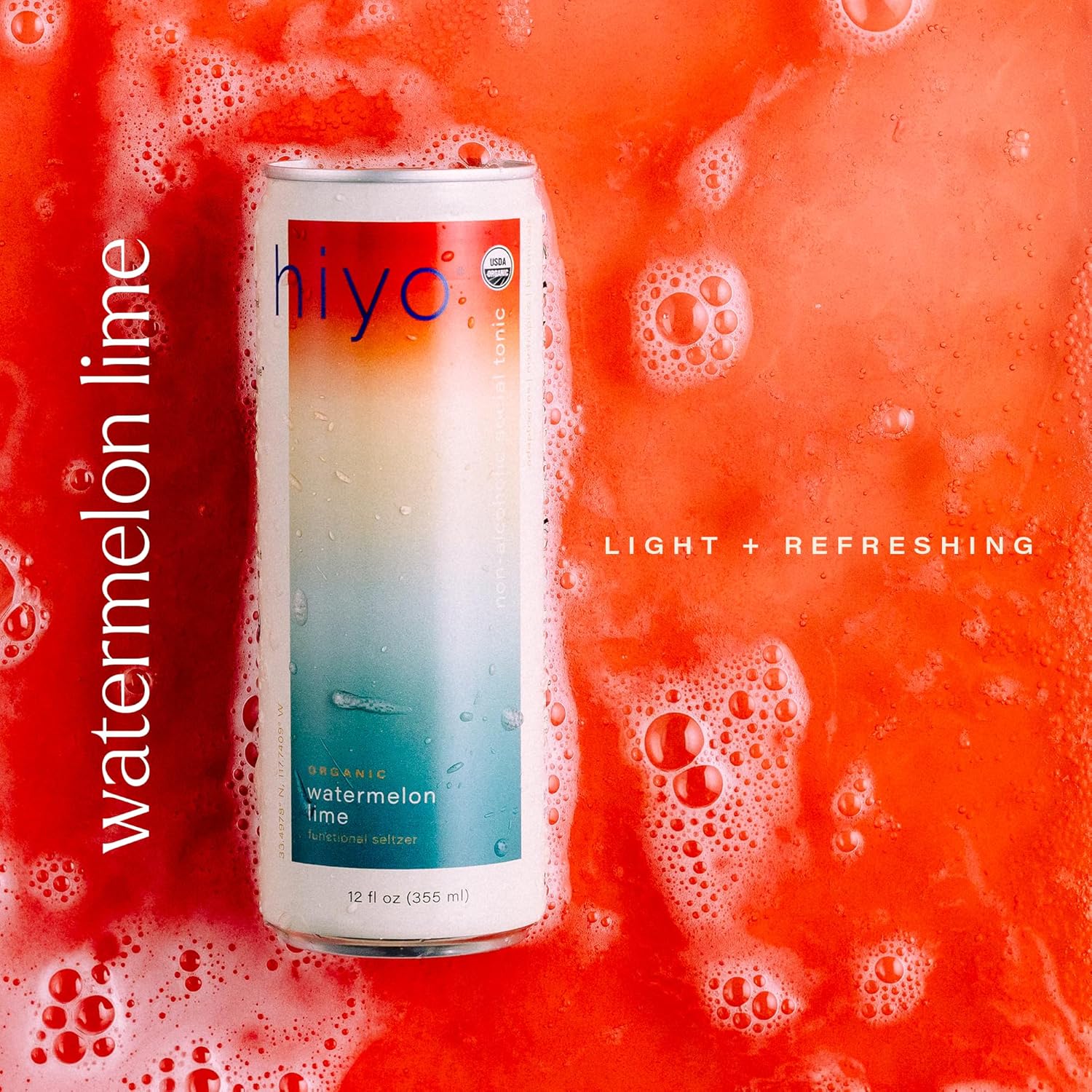 Hiyo Organic Social Tonic - Watermelon Lime, 12 Pack - N.A. Functional Seltzer, Sparkling Water Crafted with Organic Adaptogens