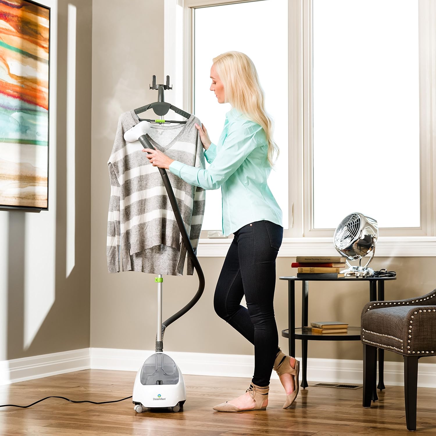 Steamfast SF-520 Full Size Fabric Steamer with Insulated Hose, Clothes Hanger, and Fabric Brush, White