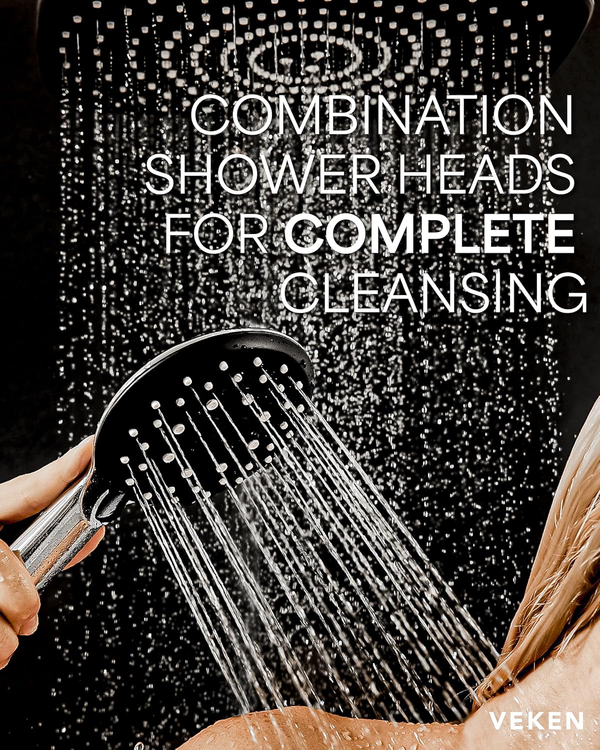 Veken High Pressure Rain Shower Head Combo with Extension Arm- Wide Showerhead with 6 Handheld Water Spray - Silver Chrome